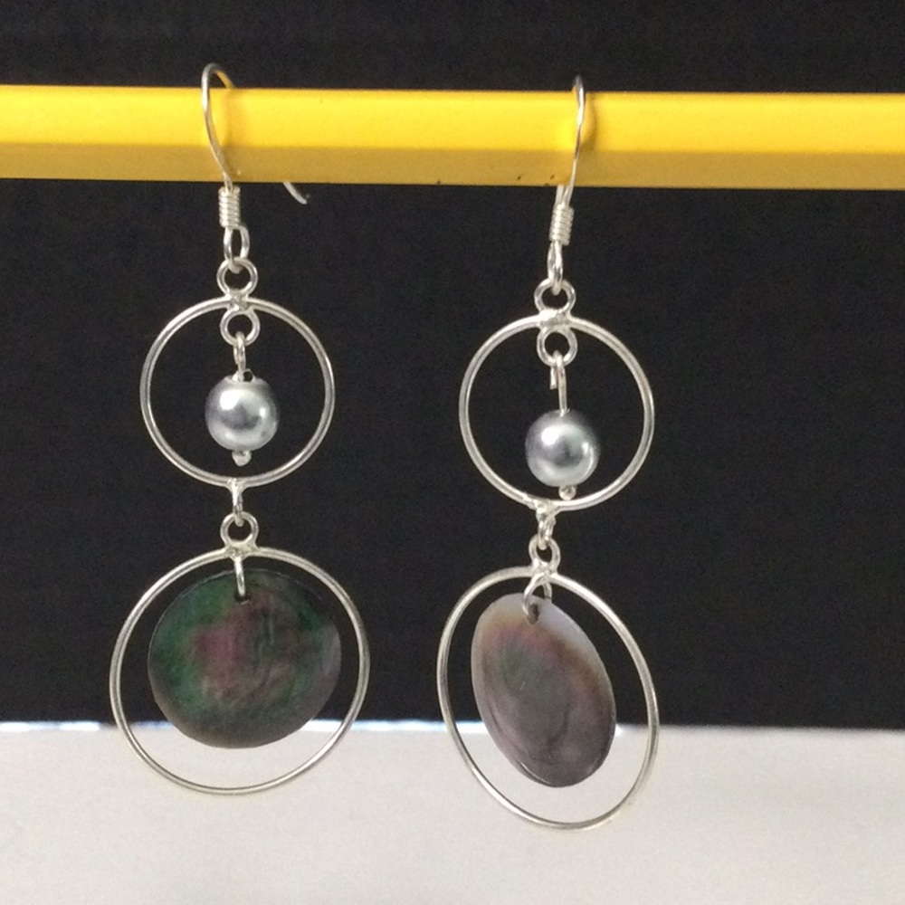 Two Ring Tiered Drop Earrings with Silver Bead and Iridescent Disc